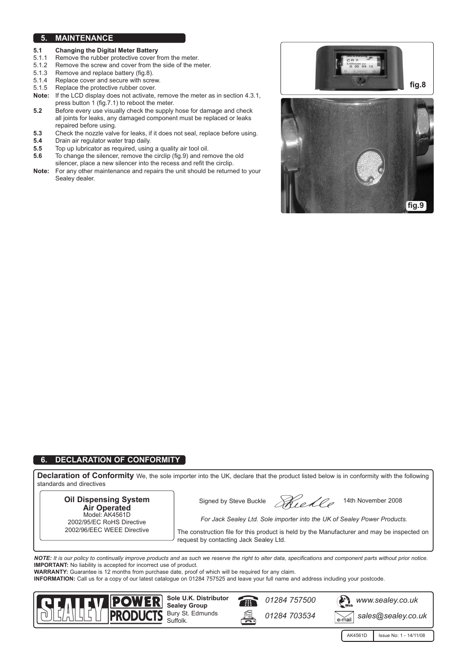 Oil dispensing system air operated, Fig.9, Maintenance fig.8 | Sealey AK4561D User Manual | Page 4 / 4