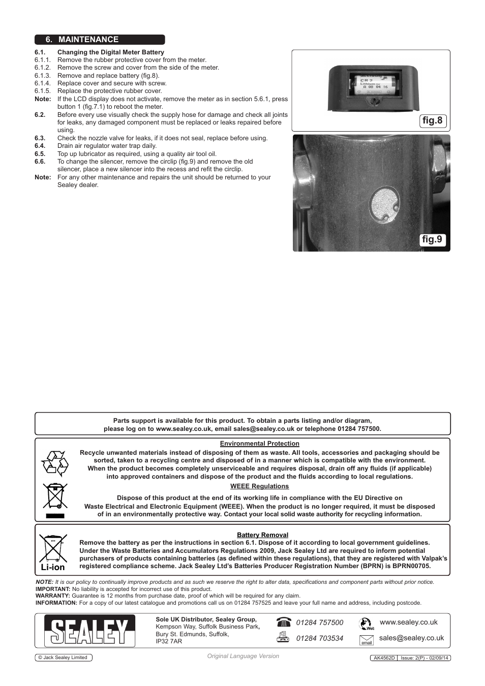 Fig.9 fig.8, Maintenance | Sealey AK4562D User Manual | Page 4 / 4