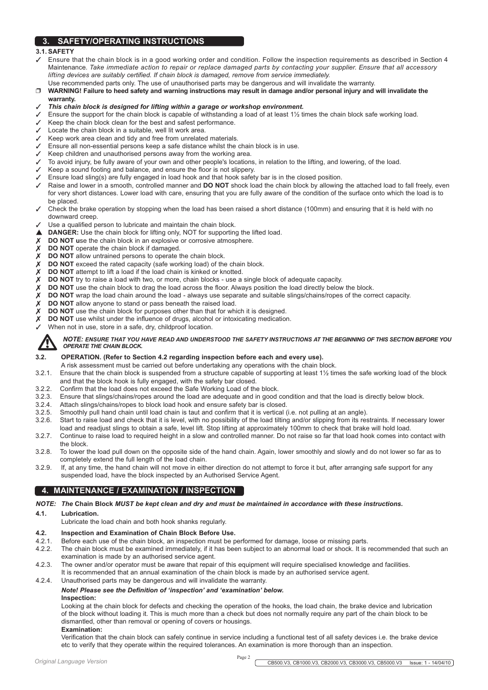 Maintenance / examination / inspection, Safety/operating instructions | Sealey CB1000 User Manual | Page 2 / 5