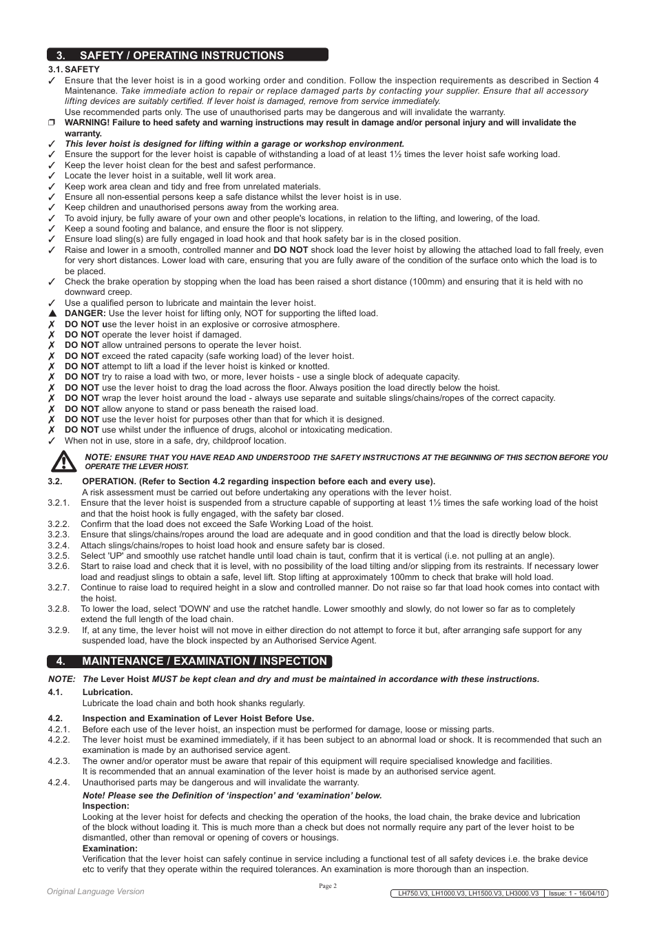 Safety / operating instructions, Maintenance / examination / inspection | Sealey LH1000 User Manual | Page 2 / 5