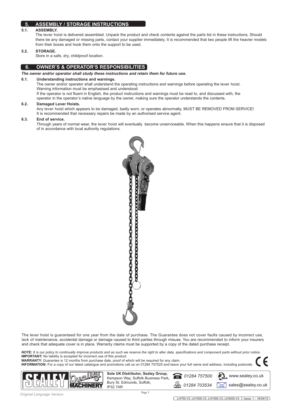 Assembly / storage instructions, Owner’s & operator’s responsibilities | Sealey LH1000 User Manual | Page 3 / 5