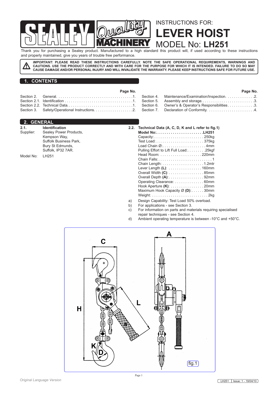 Sealey LH251 User Manual | 4 pages