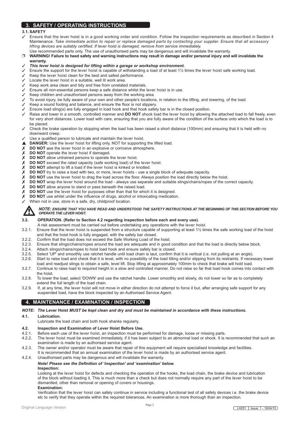 Safety / operating instructions, Maintenance / examination / inspection | Sealey LH251 User Manual | Page 2 / 4