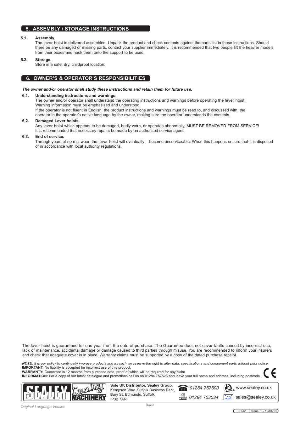 Assembly / storage instructions, Owner’s & operator’s responsibilities | Sealey LH251 User Manual | Page 3 / 4