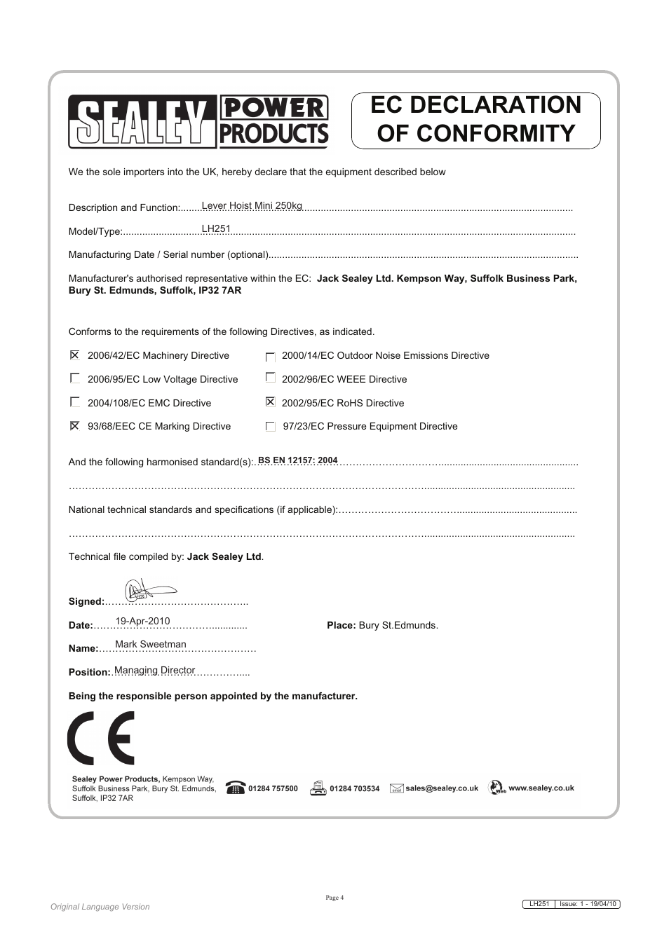 Ec declaration of conformity | Sealey LH251 User Manual | Page 4 / 4