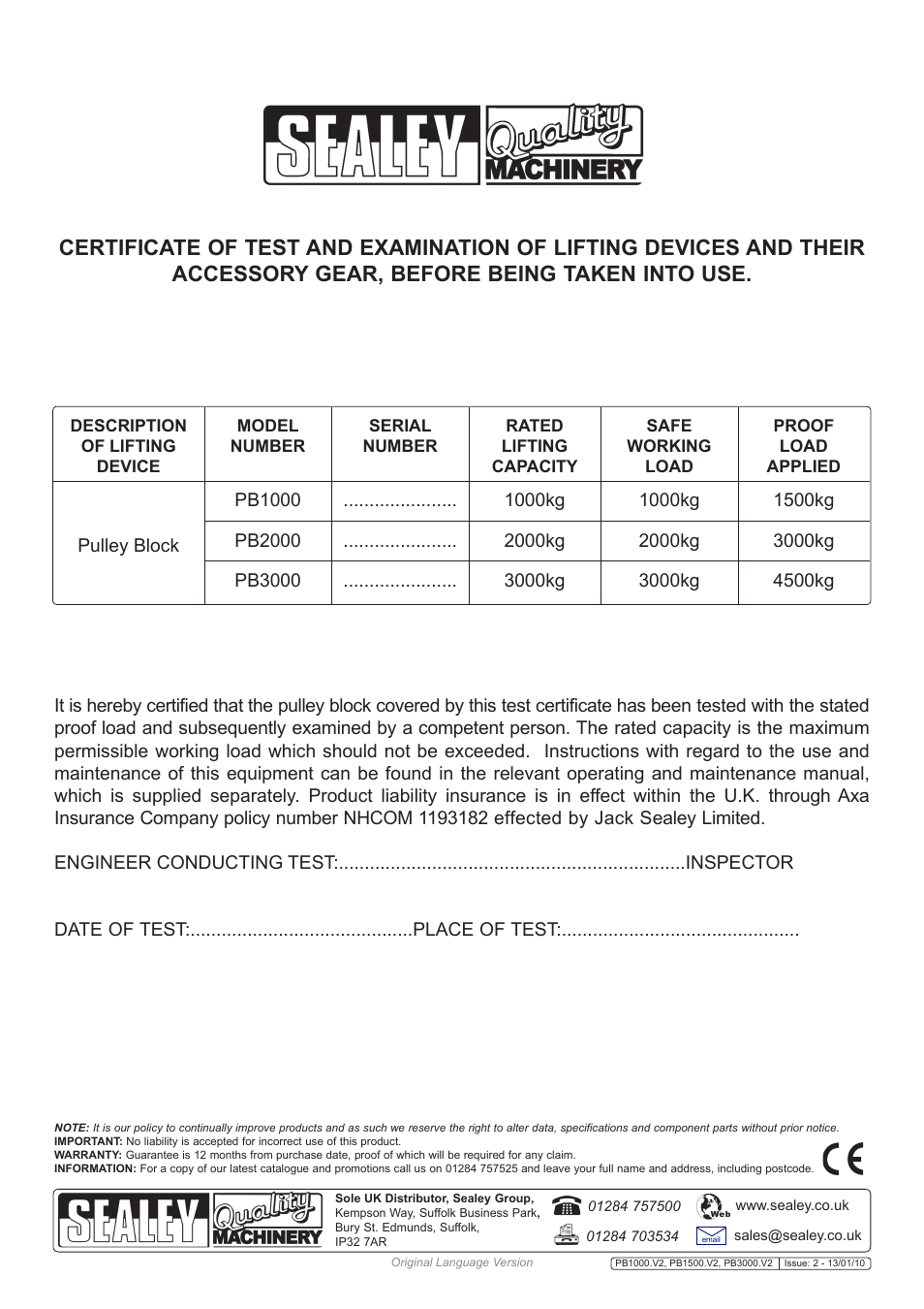 Sealey PB1000 User Manual | Page 3 / 3