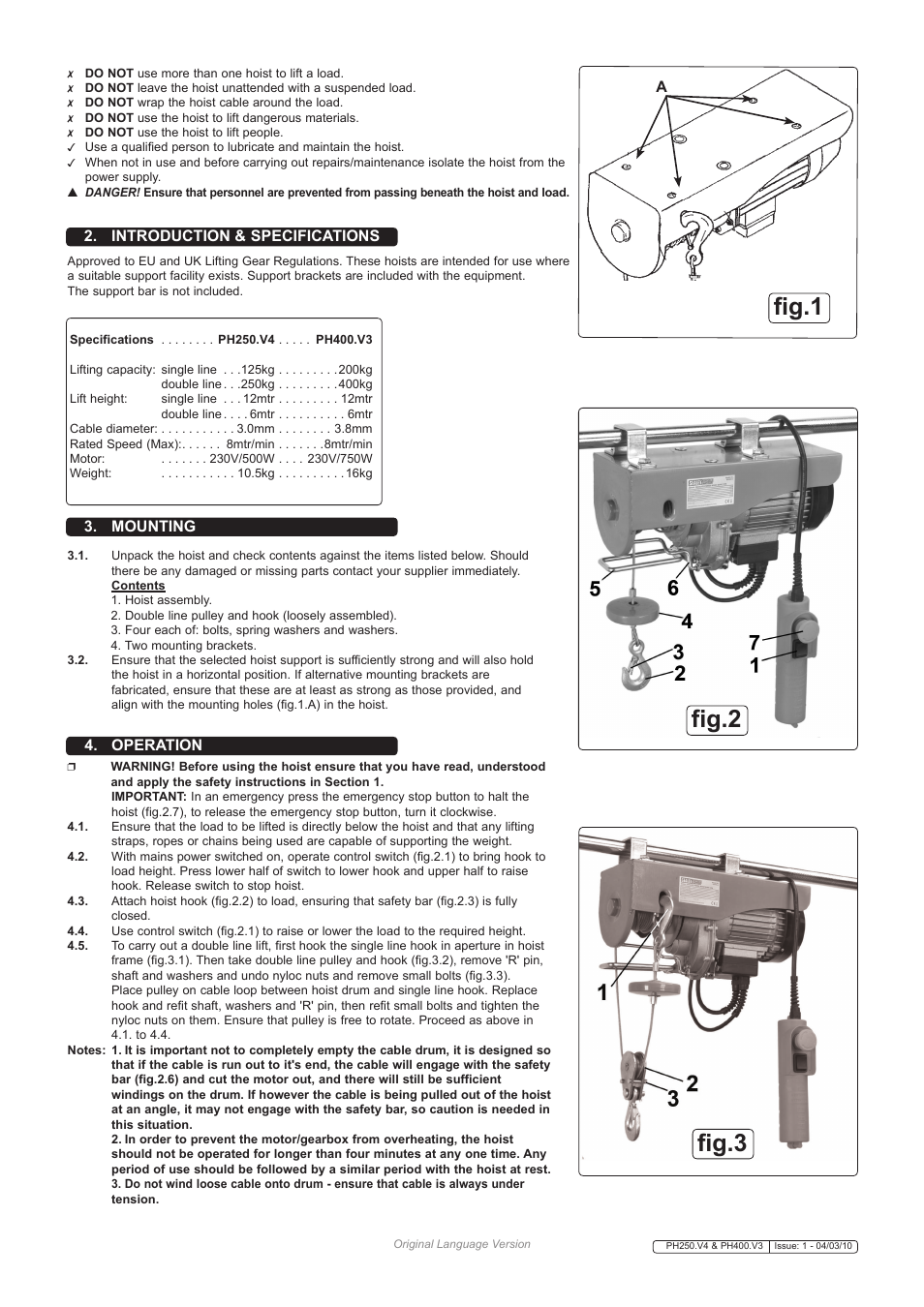 Fig.1, Fig.3 fig.2, Introduction & specifications | Mounting, Operation | Sealey PH250 User Manual | Page 2 / 3