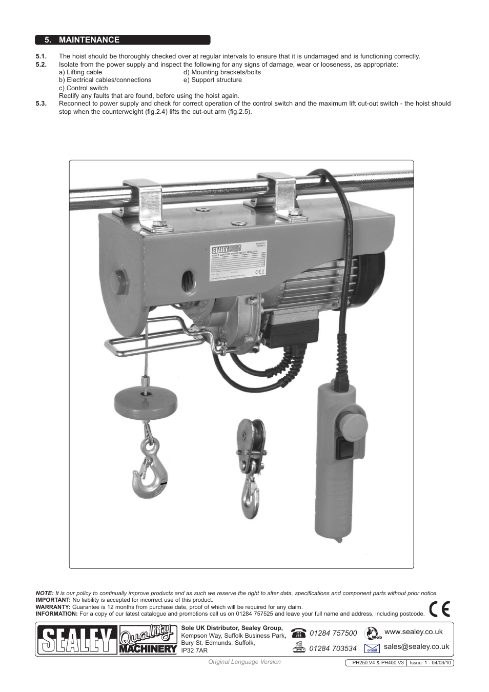 Maintenance | Sealey PH250 User Manual | Page 3 / 3