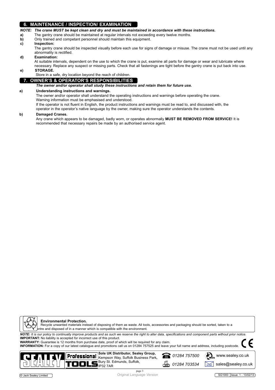 Owner’s & operator’s responsibilities, Maintenance / inspection/ examination | Sealey SG1000 User Manual | Page 3 / 5