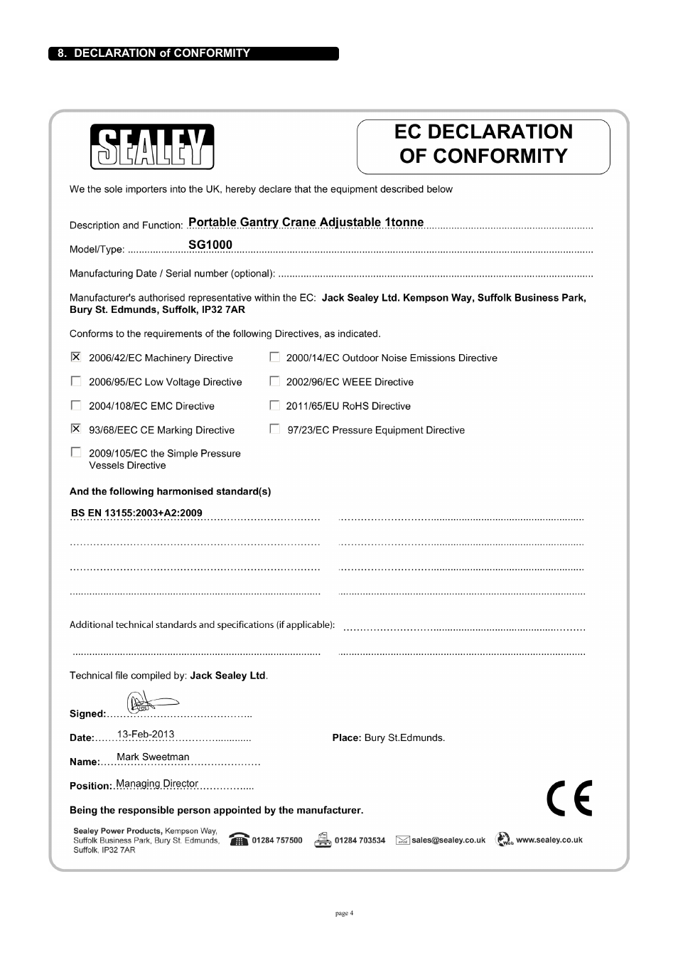 Declaration of conformity | Sealey SG1000 User Manual | Page 4 / 5