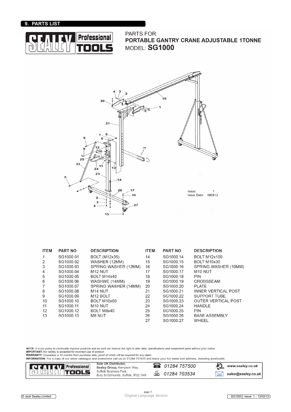 Parts list | Sealey SG1000 User Manual | Page 5 / 5