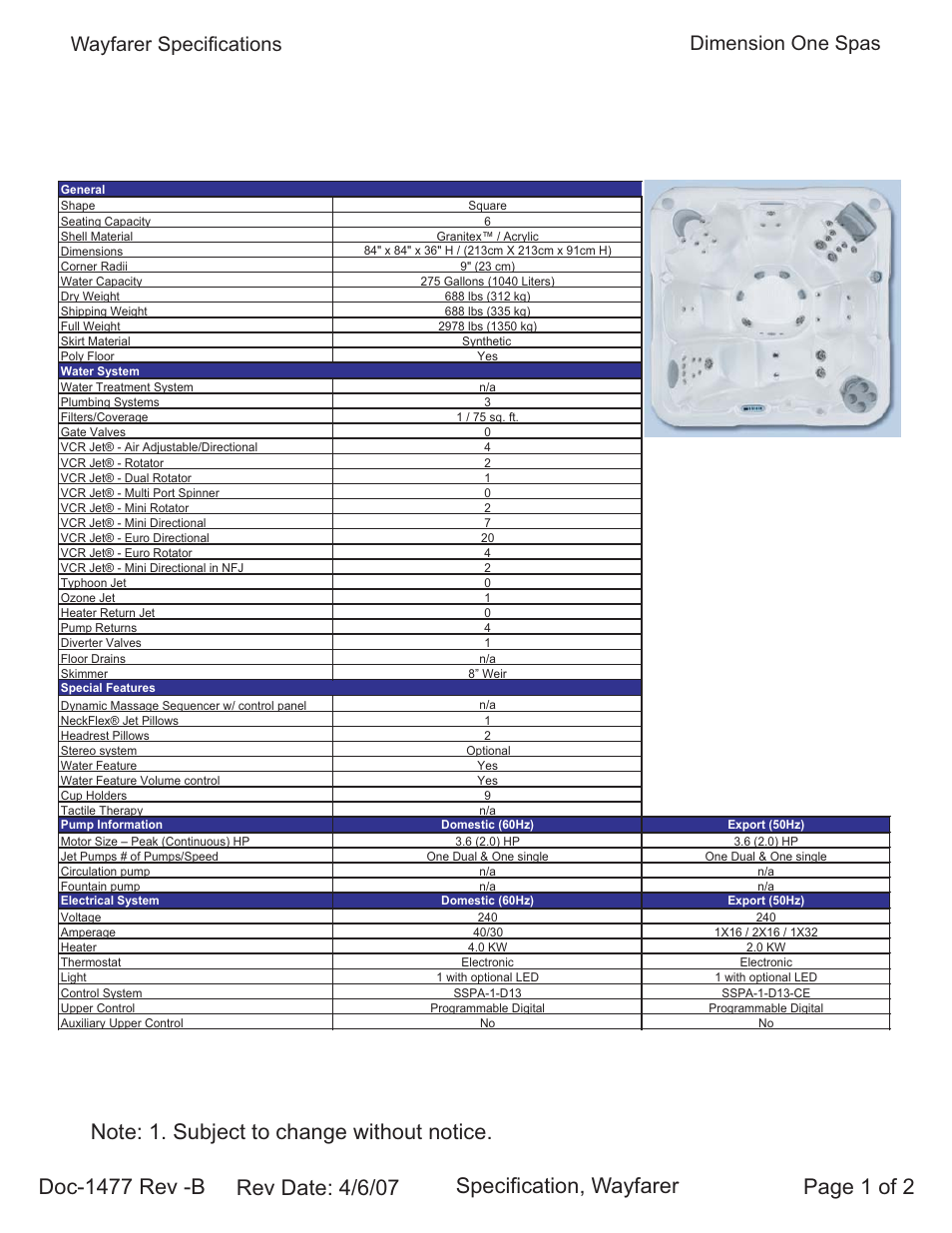 Dimension One Spas Wayfarer User Manual | 2 pages