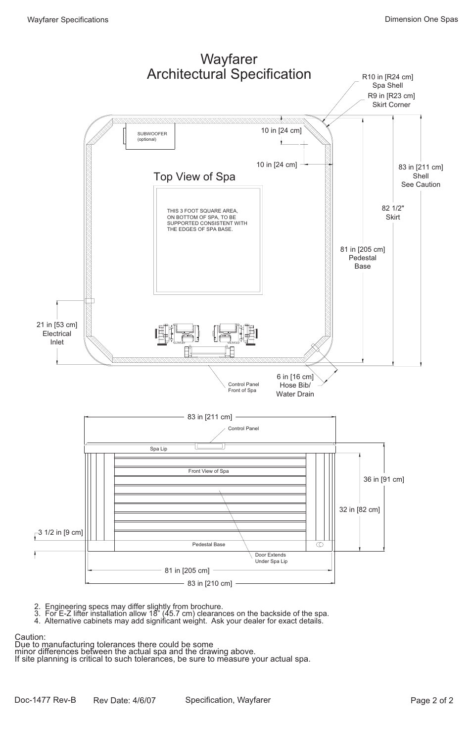 Wayfarer, Architectural specification, Top view of spa | Dimension One Spas Wayfarer User Manual | Page 2 / 2