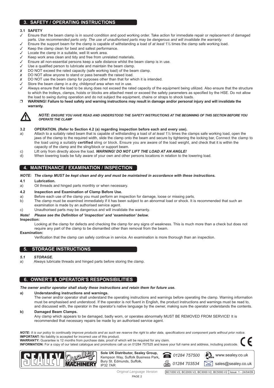 Safety / operating instructions, Maintenance / examination / inspection, Storage instructions | Owner’s & operator’s responsibilities | Sealey BC1000 User Manual | Page 2 / 2