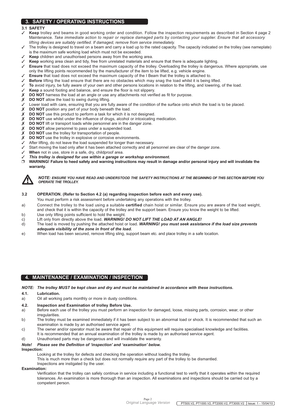 Safety / operating instructions, Maintenance / examination / inspection | Sealey PT1000 User Manual | Page 2 / 5