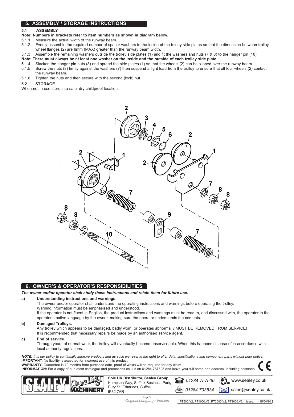 Assembly / storage instructions, Owner’s & operator’s responsibilities | Sealey PT1000 User Manual | Page 3 / 5