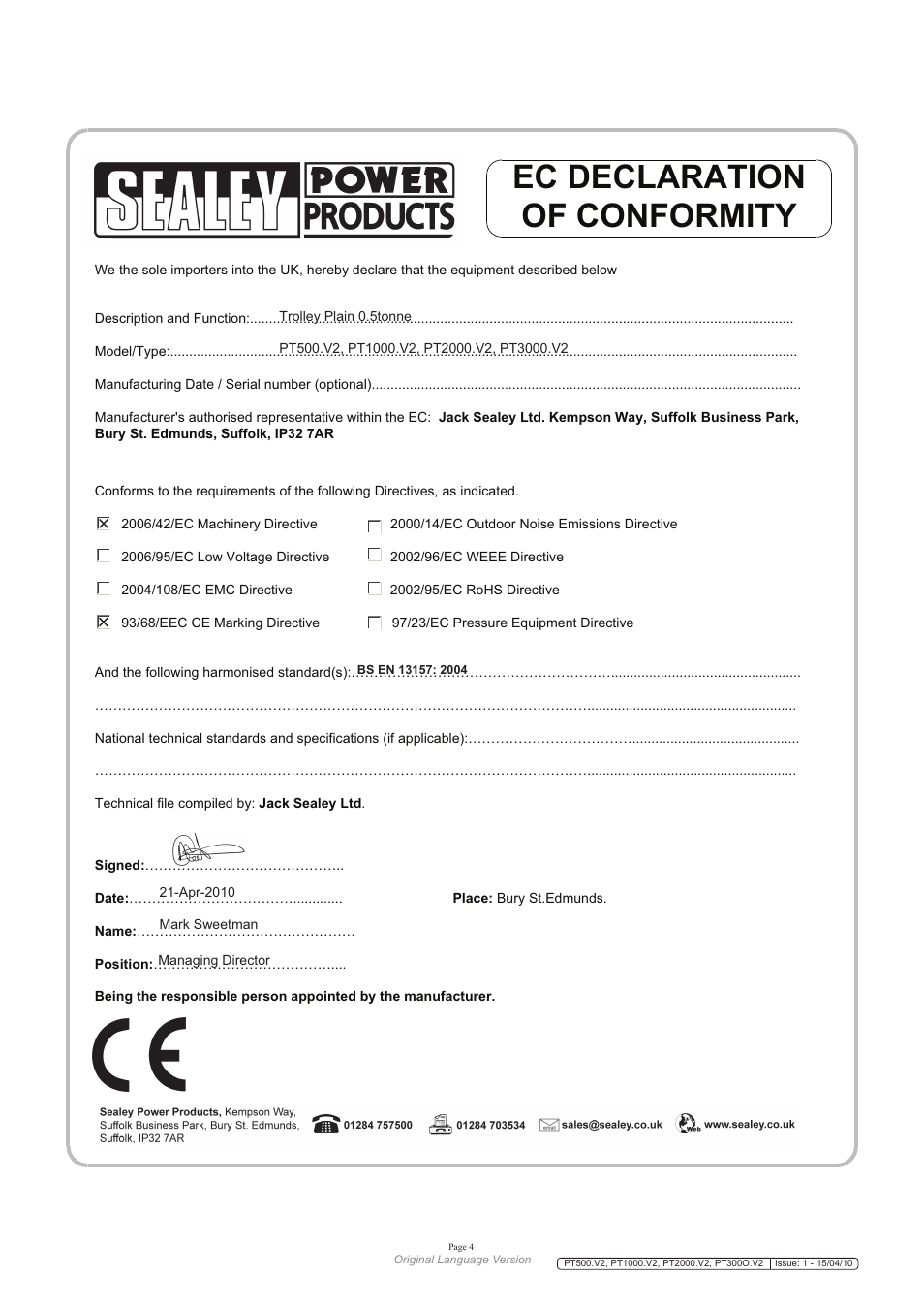Ec declaration of conformity | Sealey PT1000 User Manual | Page 4 / 5