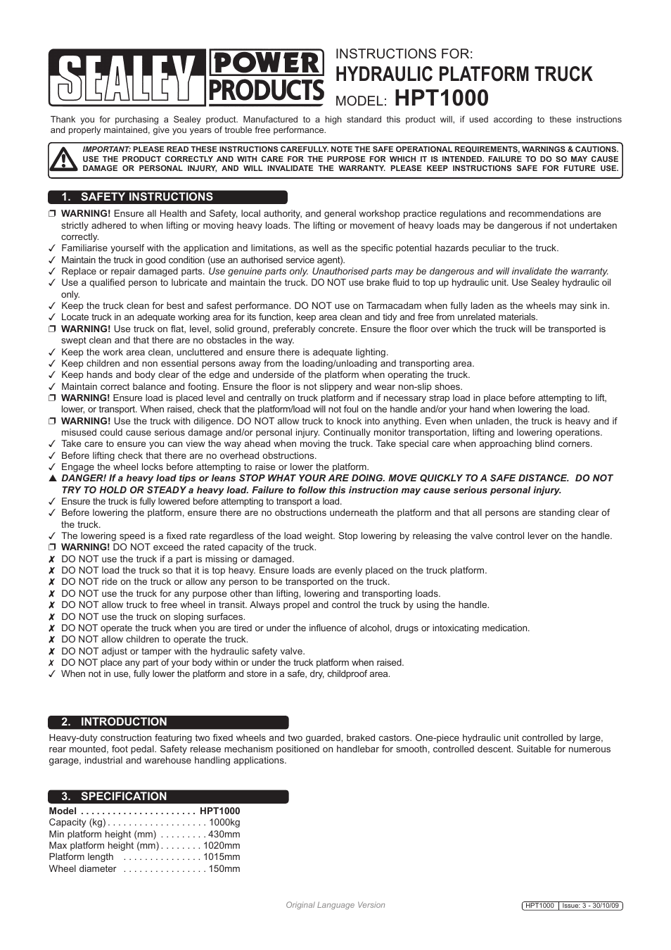 Sealey HPT1000 User Manual | 3 pages