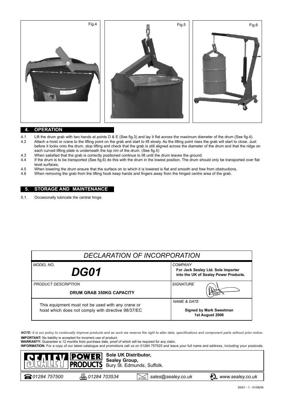 Dg01, Declaration of incorporation | Sealey DG01 User Manual | Page 2 / 2