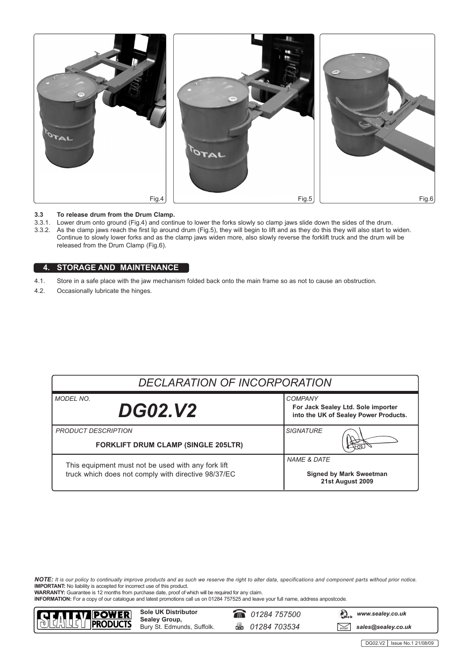 Dg02.v2, Declaration of incorporation | Sealey DG02 User Manual | Page 2 / 2