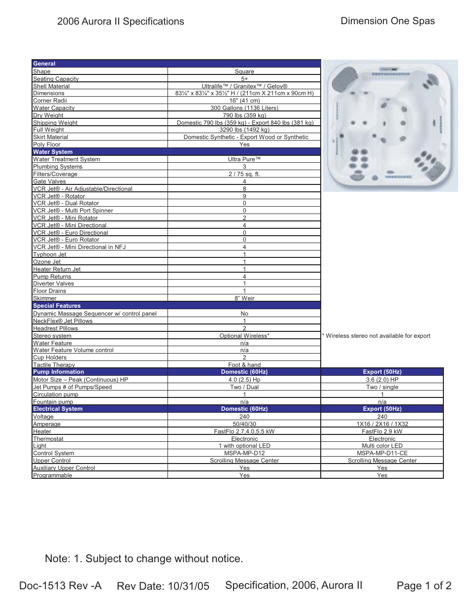 Dimension One Spas Aurora II User Manual | 2 pages