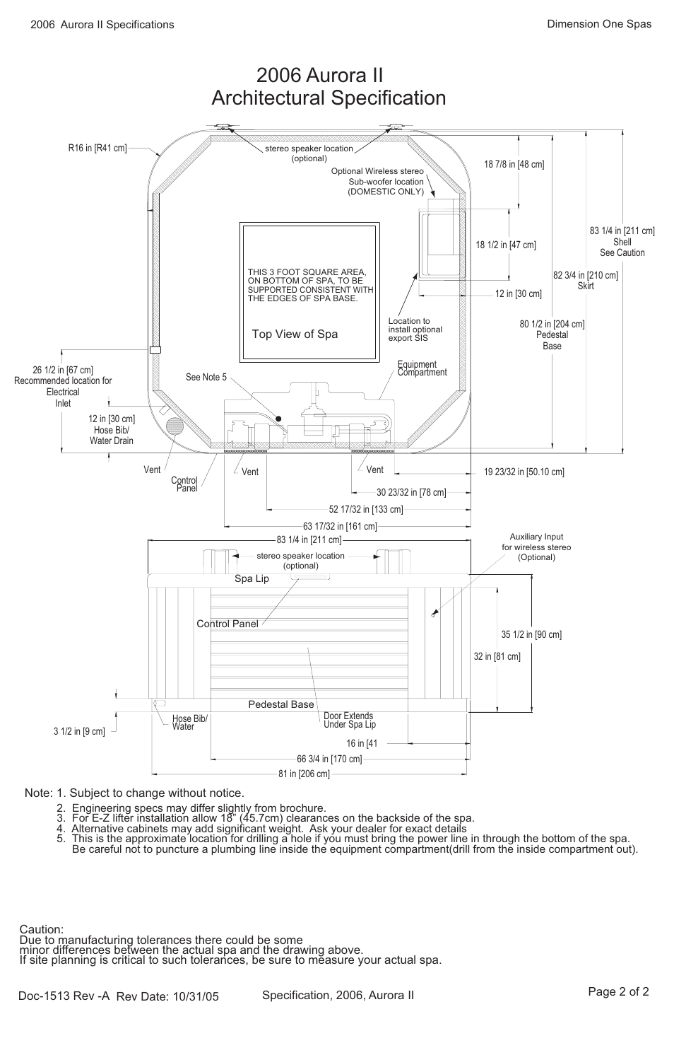 2006 aurora ii, Architectural specification | Dimension One Spas Aurora II User Manual | Page 2 / 2