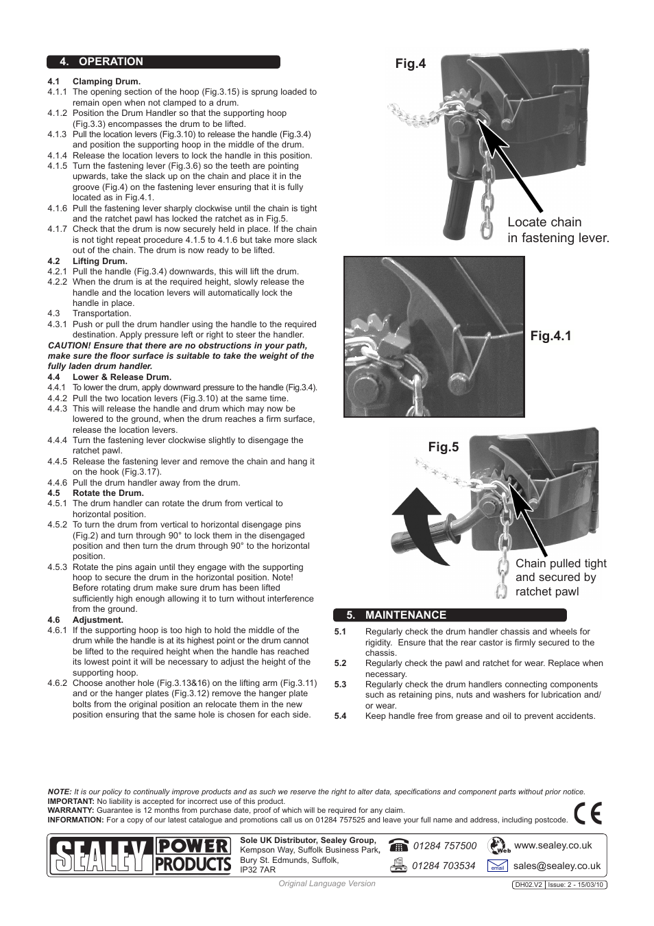 Fig.4, Fig.4.1, Fig.5 | Locate chain in fastening lever, Chain pulled tight and secured by ratchet pawl, Maintenance, Operation | Sealey DH02 User Manual | Page 2 / 3