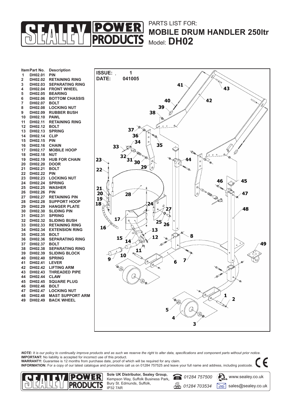 Dh02, Mobile drum handler 250ltr, Parts list for | Model | Sealey DH02 User Manual | Page 3 / 3