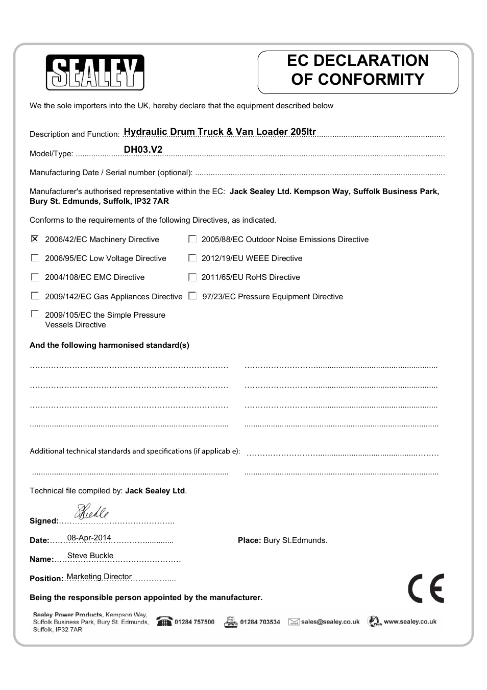Ec declaration of conformity | Sealey DH03 User Manual | Page 5 / 5