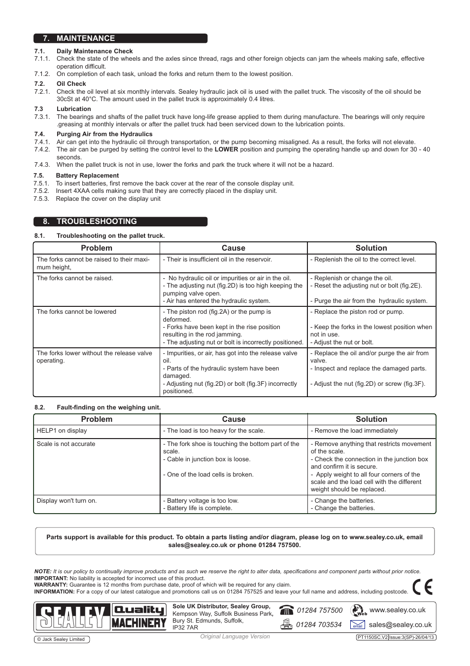 Problem cause solution, Troubleshooting, Maintenance | Sealey PT1150SC User Manual | Page 3 / 3