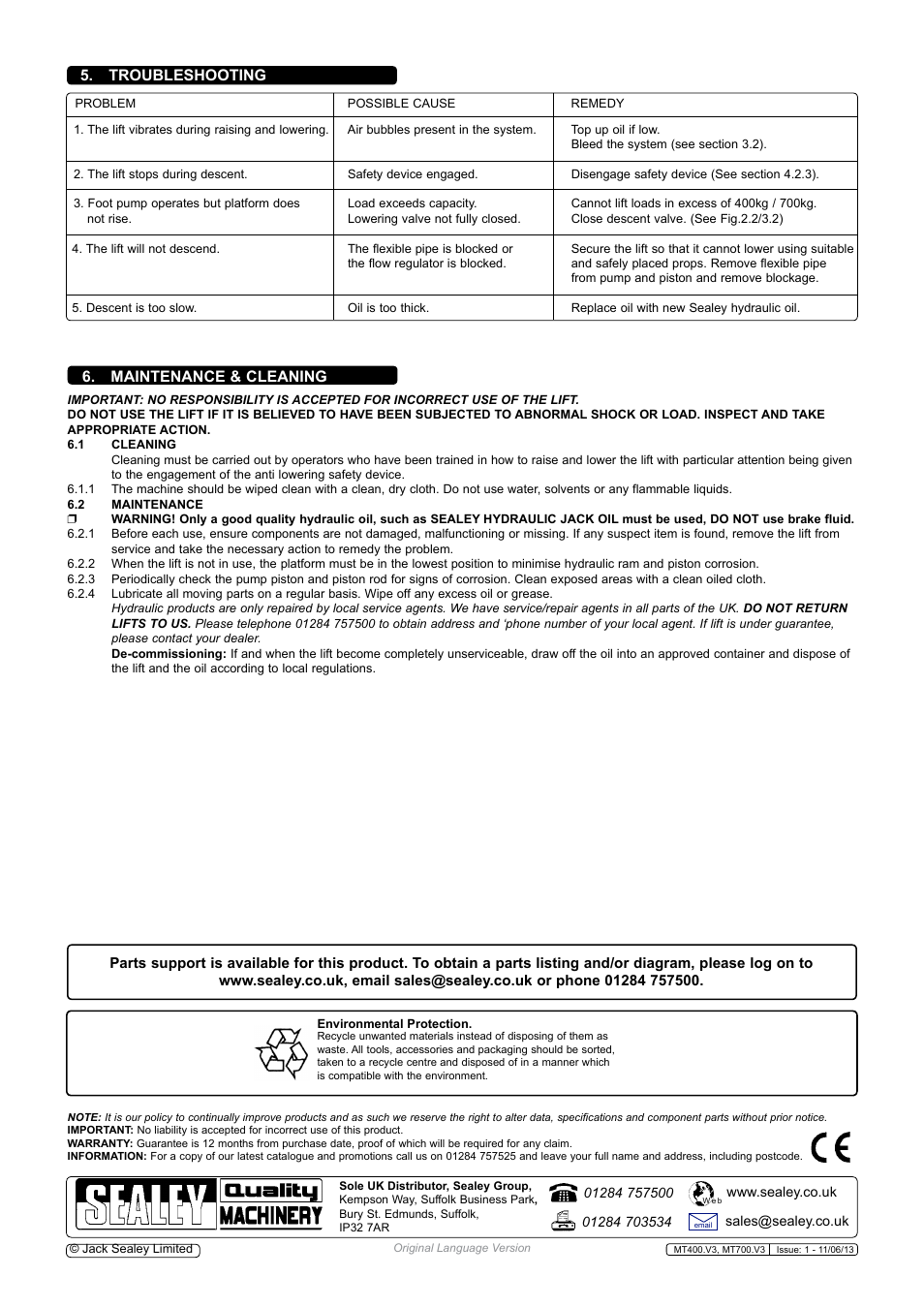 Maintenance & cleaning 5. troubleshooting | Sealey MT400 User Manual | Page 3 / 3