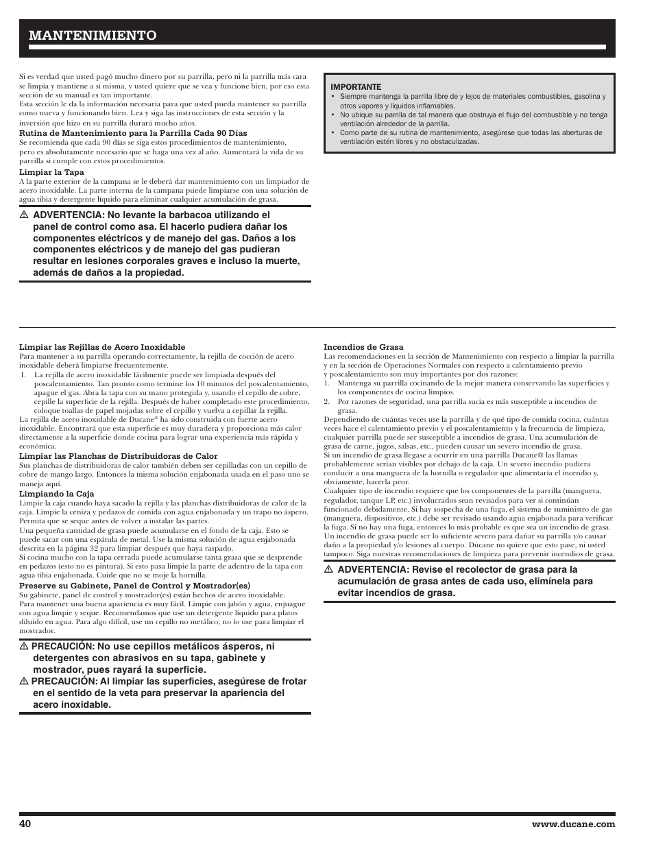 Mantenimiento | Ducane 2020801 User Manual | Page 40 / 64