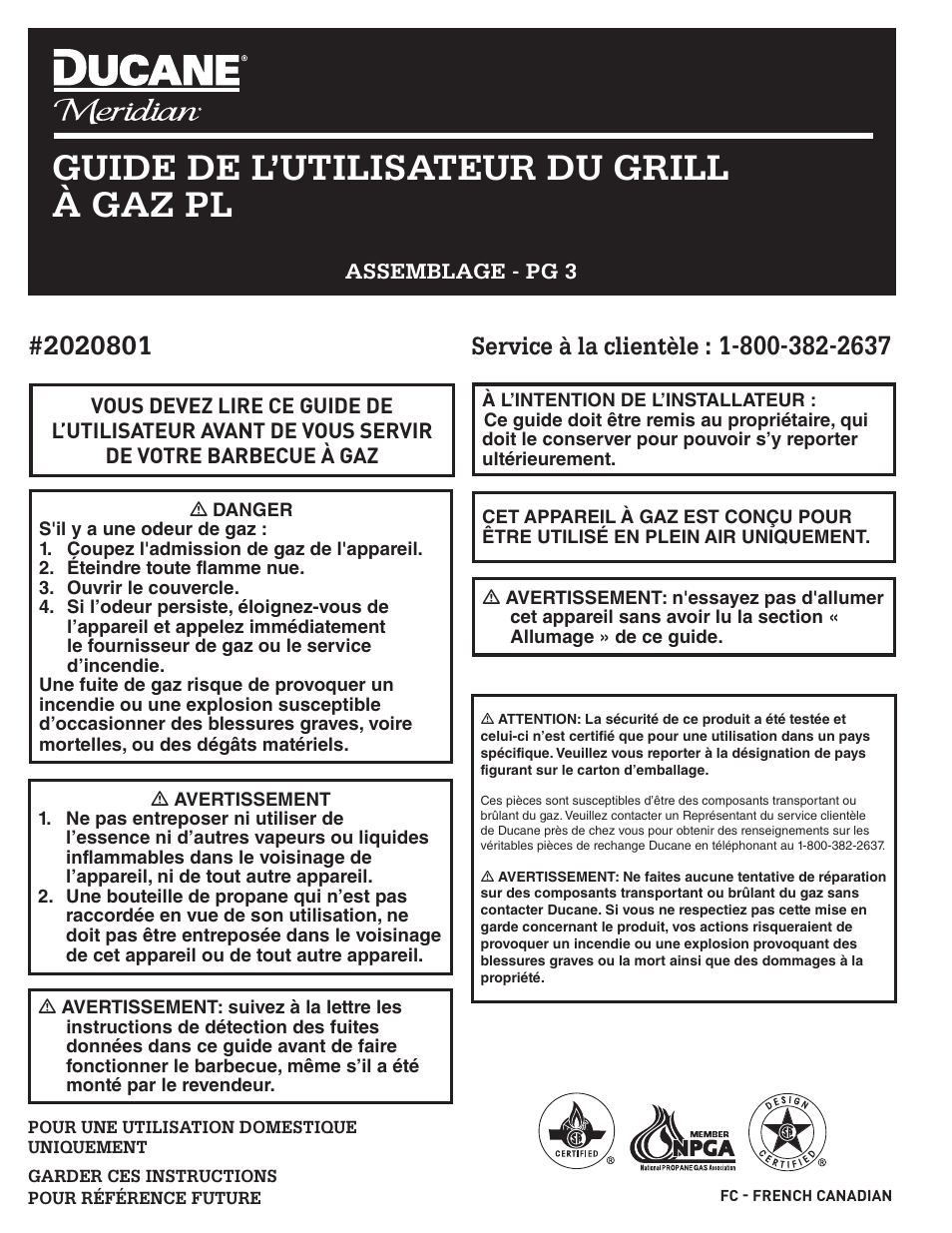 Guide de l’utilisateur du grill à gaz pl, Service à la clientèle | Ducane 2020801 User Manual | Page 44 / 64