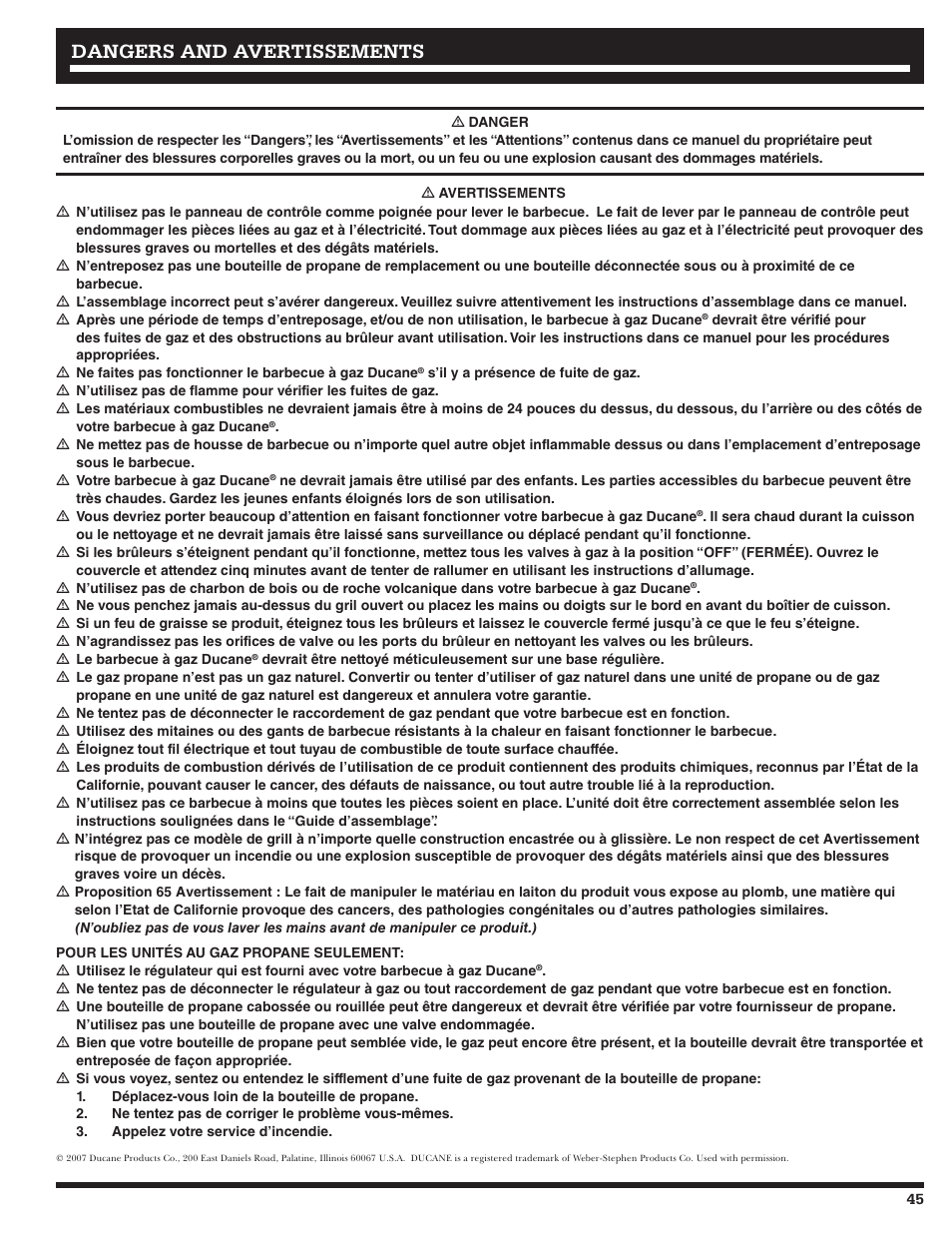Dangers and avertissements | Ducane 2020801 User Manual | Page 45 / 64