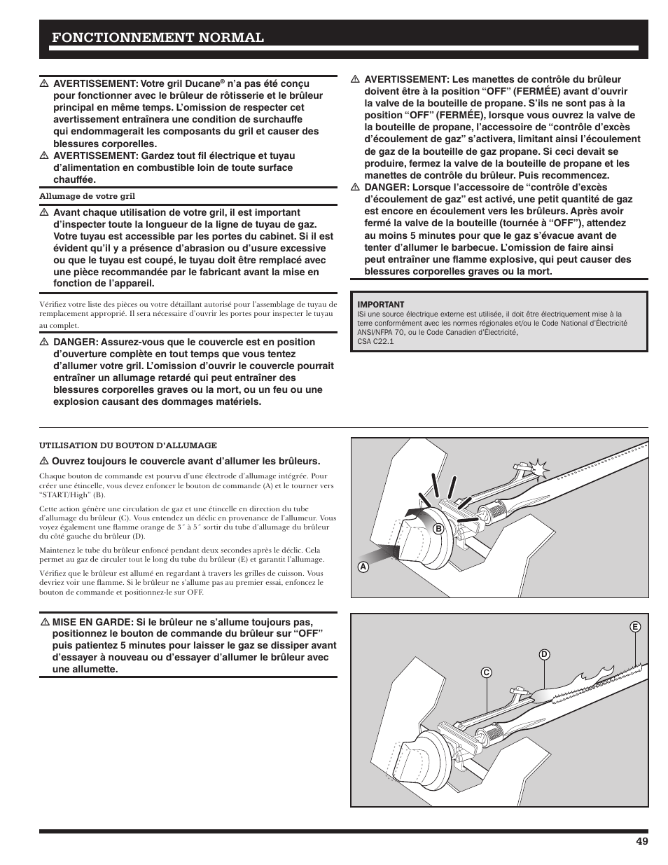 Fonctionnement, Fonctionnement normal normal | Ducane 2020801 User Manual | Page 49 / 64