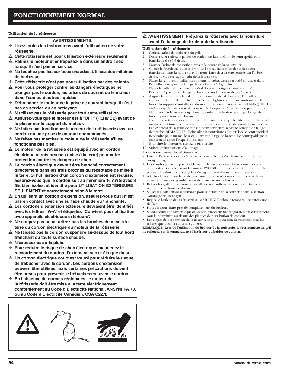 Fonctionnement, Fonctionnement normal normal | Ducane 2020801 User Manual | Page 54 / 64