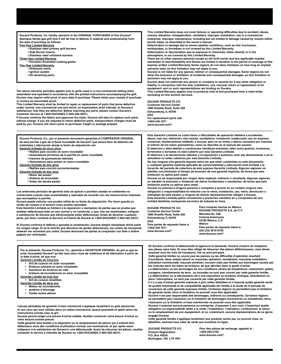 Warranty, garantía, garantie | Ducane LP Gass Grill 3400 User Manual | Page 3 / 72