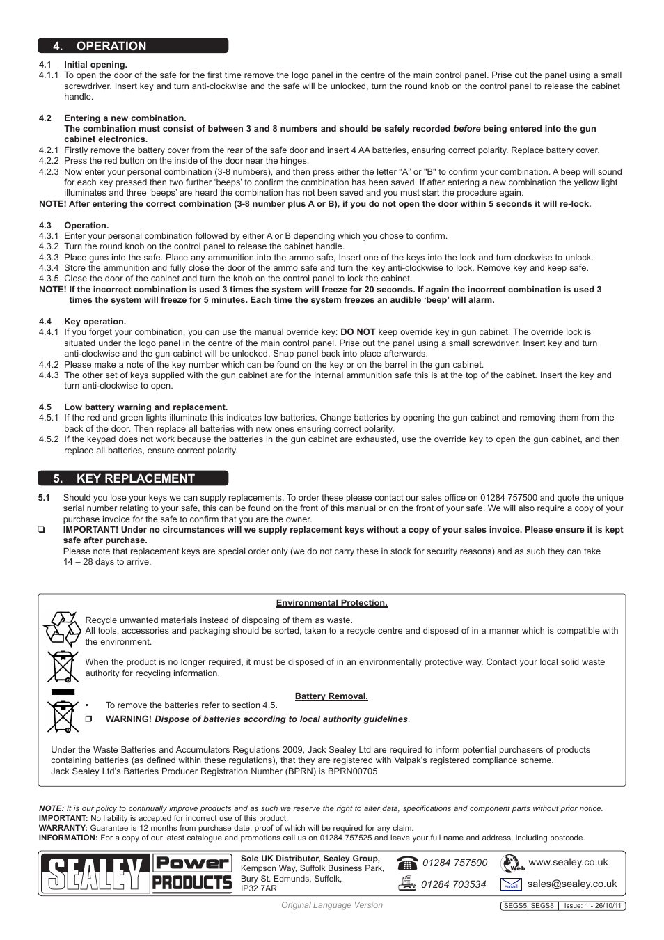 Operation, Key replacement | Sealey SEGS5 User Manual | Page 2 / 2