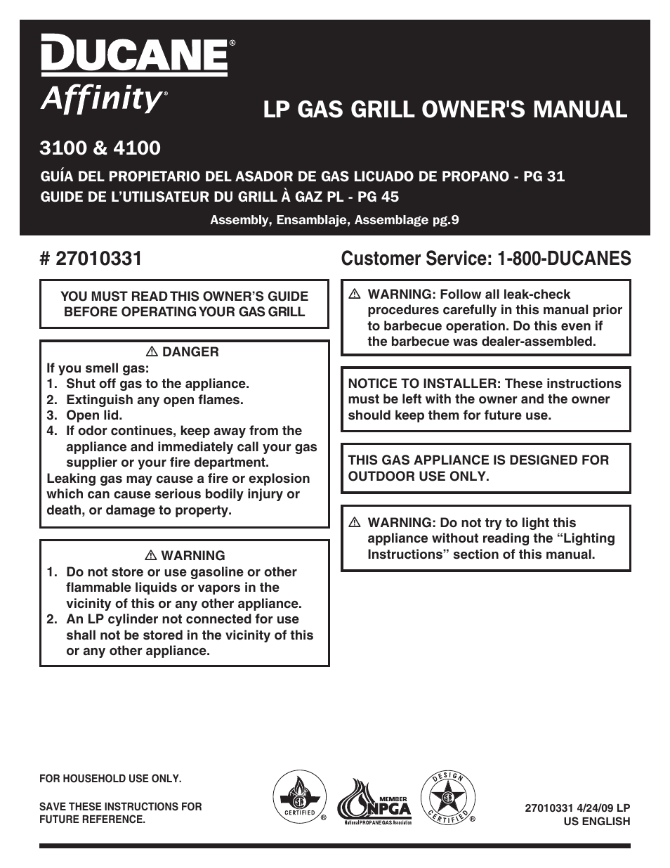 Ducane Duacne Affinity LP Gass Grill 3100 User Manual | 60 pages