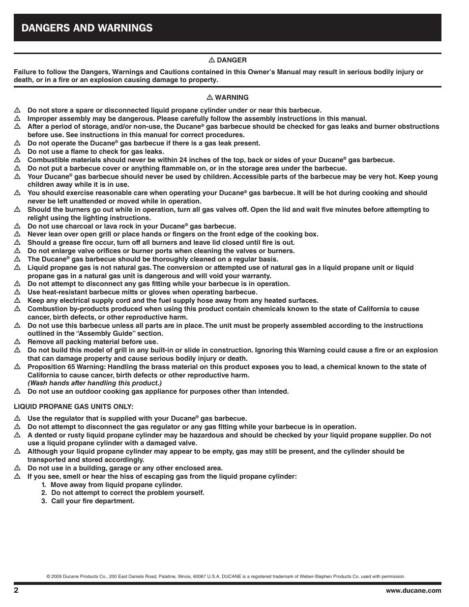 Dangers and warnings | Ducane Duacne Affinity LP Gass Grill 3100 User Manual | Page 2 / 60