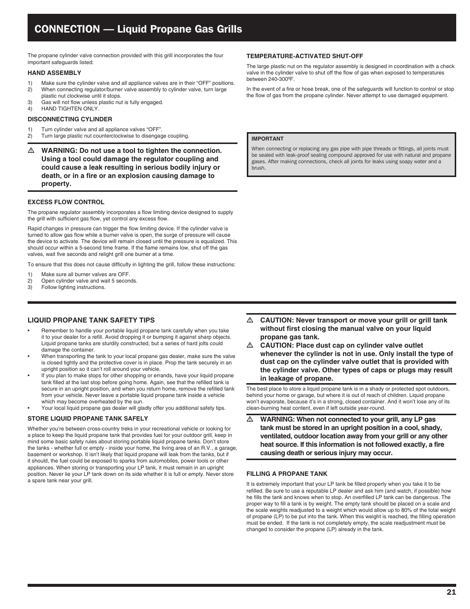 Connection — liquid propane gas grills | Ducane Duacne Affinity LP Gass Grill 3100 User Manual | Page 21 / 60