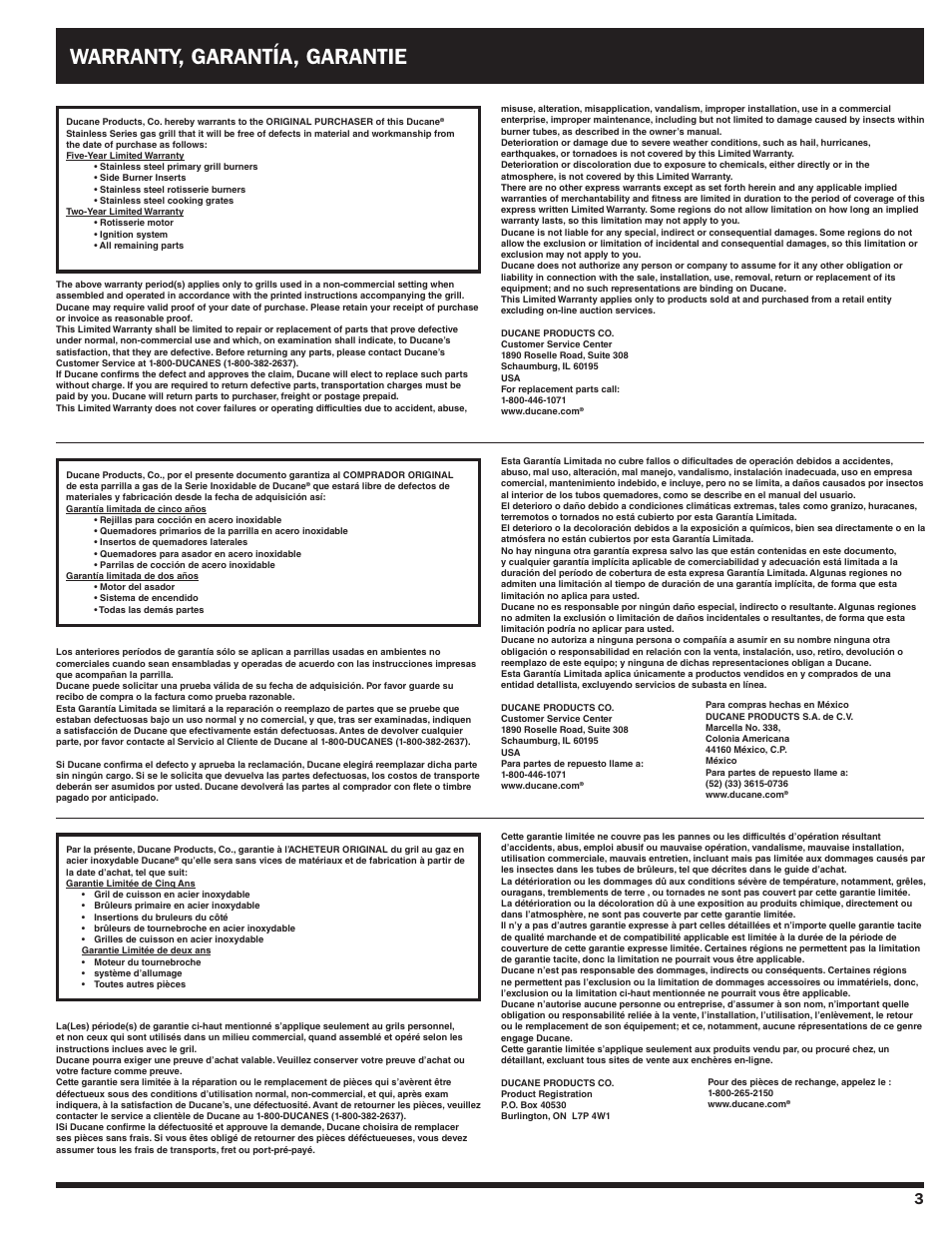 Warranty, garantía, garantie | Ducane Duacne Affinity LP Gass Grill 3100 User Manual | Page 3 / 60