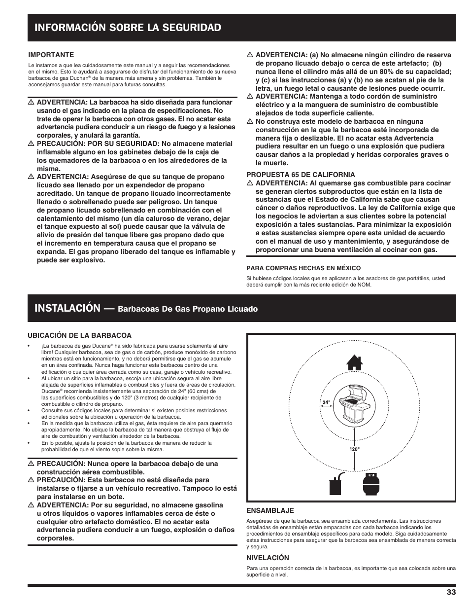 Información sobre la seguridad instalación, Barbacoas de gas propano licuado | Ducane Duacne Affinity LP Gass Grill 3100 User Manual | Page 33 / 60