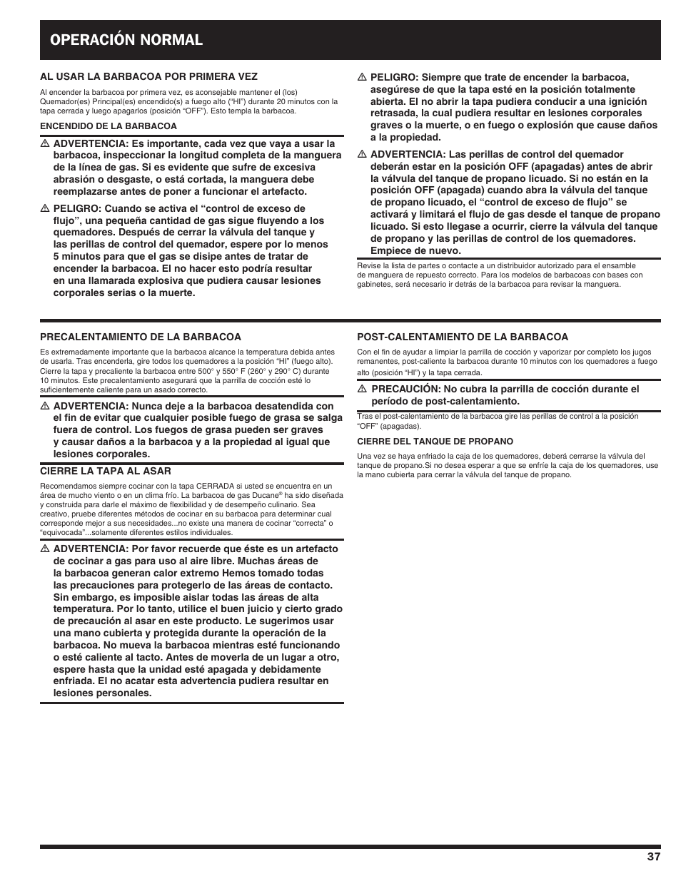 Operación normal | Ducane Duacne Affinity LP Gass Grill 3100 User Manual | Page 37 / 60