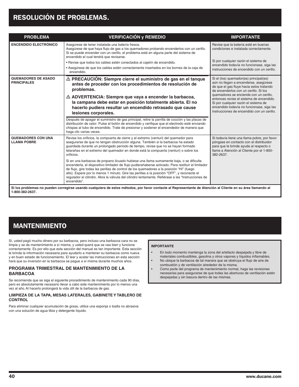 Resolución de problemas, Mantenimiento | Ducane Duacne Affinity LP Gass Grill 3100 User Manual | Page 40 / 60