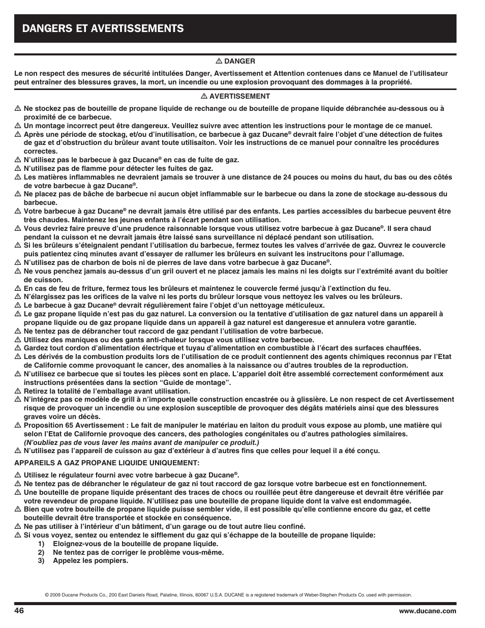 Dangers et avertissements | Ducane Duacne Affinity LP Gass Grill 3100 User Manual | Page 46 / 60