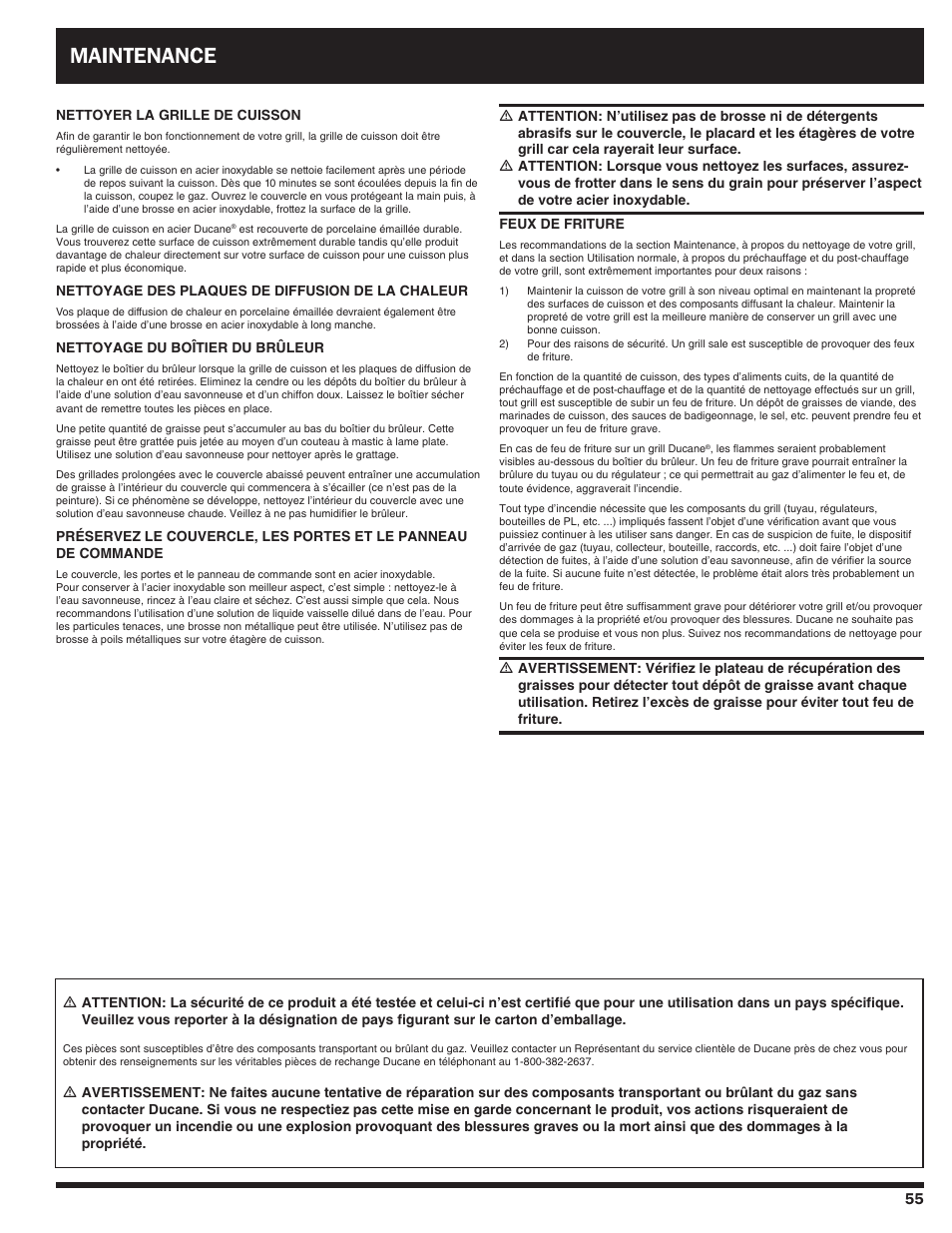 Maintenance | Ducane Duacne Affinity LP Gass Grill 3100 User Manual | Page 55 / 60