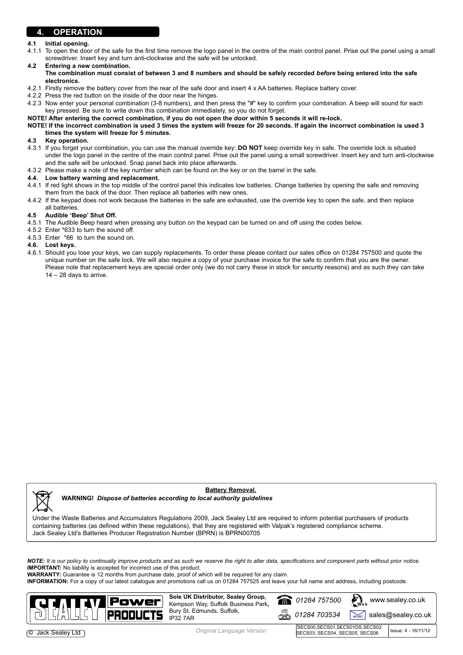 Operation | Sealey SECS00 User Manual | Page 2 / 2