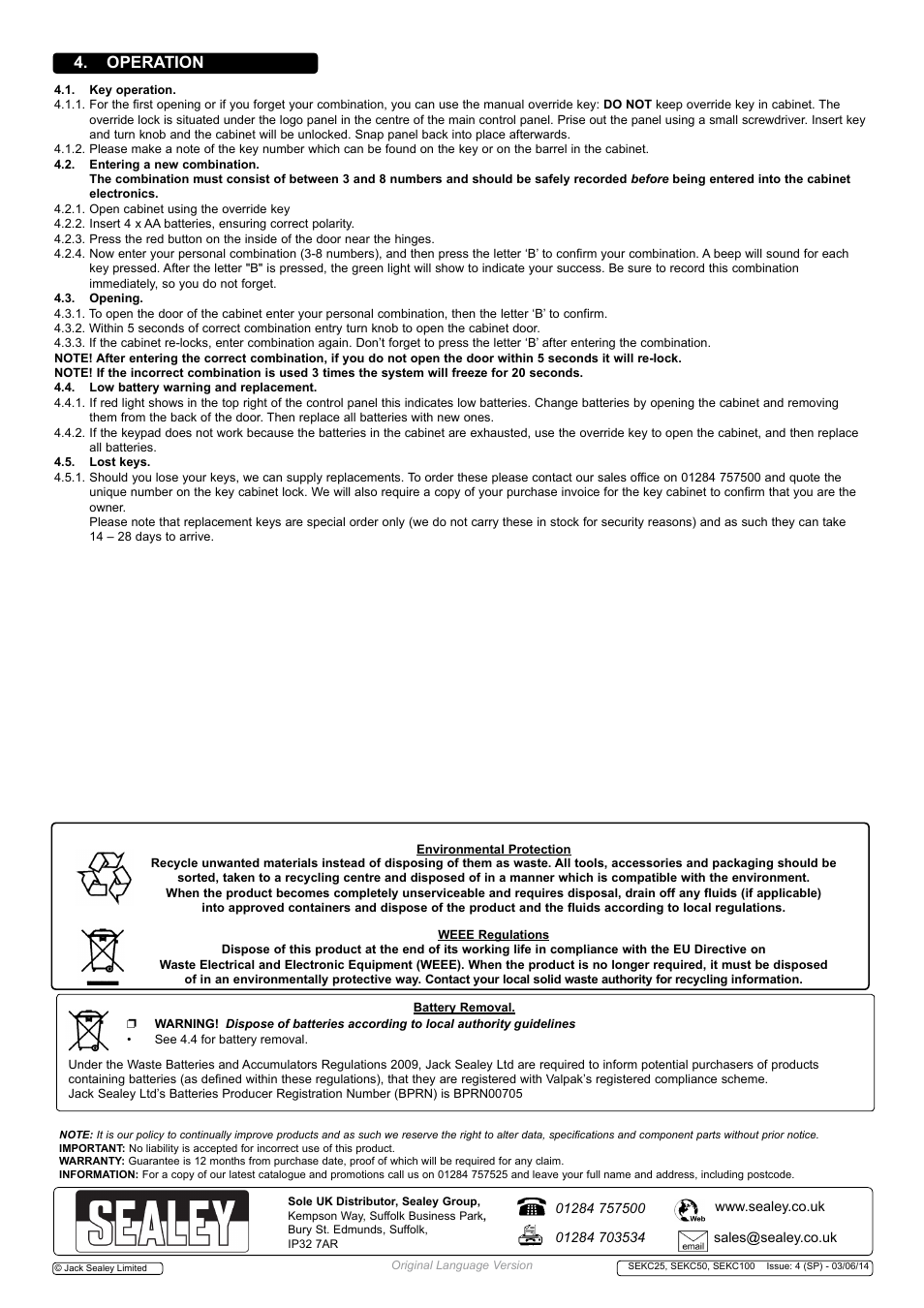 Operation | Sealey SEKC100 User Manual | Page 2 / 2