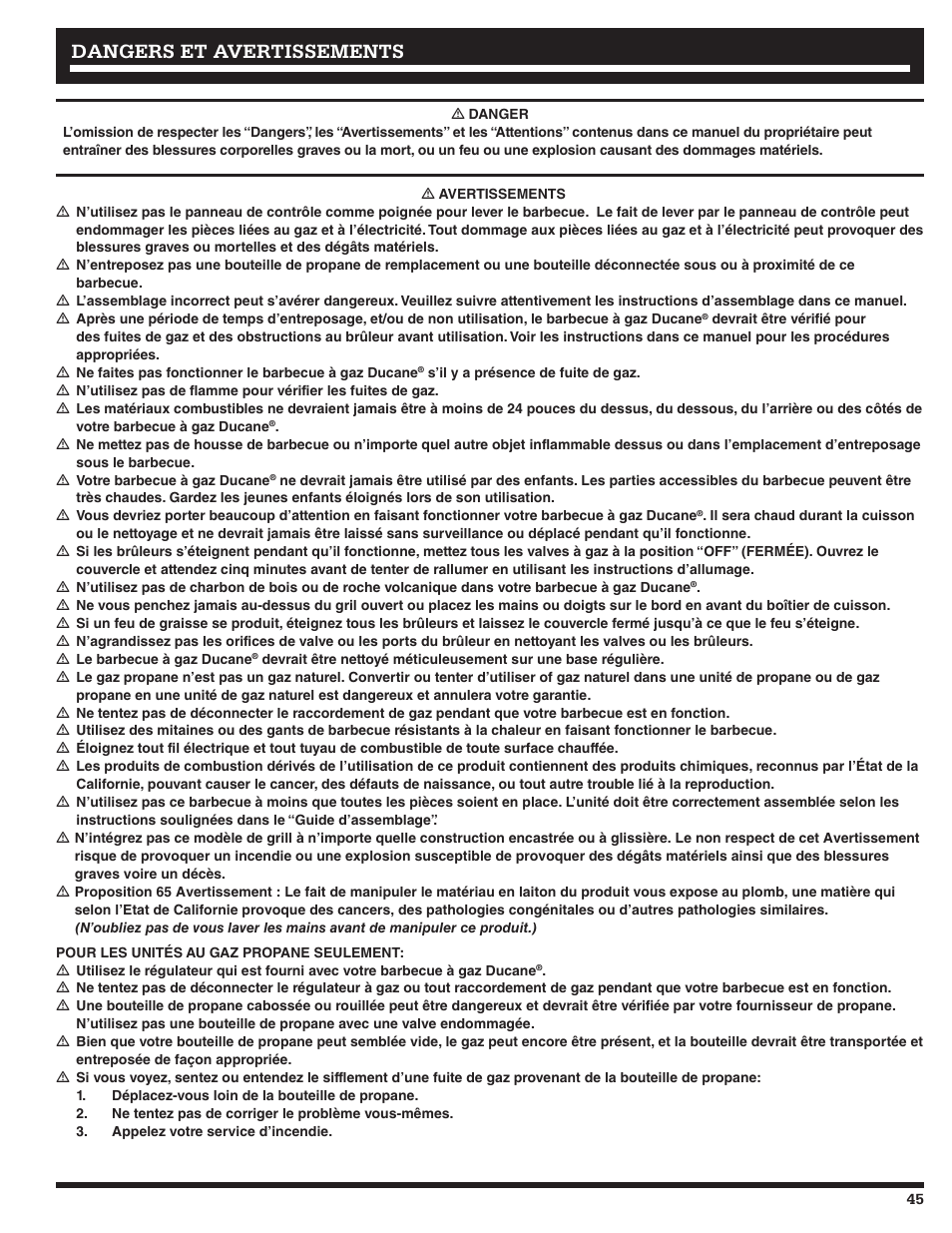 Dangers et avertissements | Ducane 3400 User Manual | Page 45 / 64